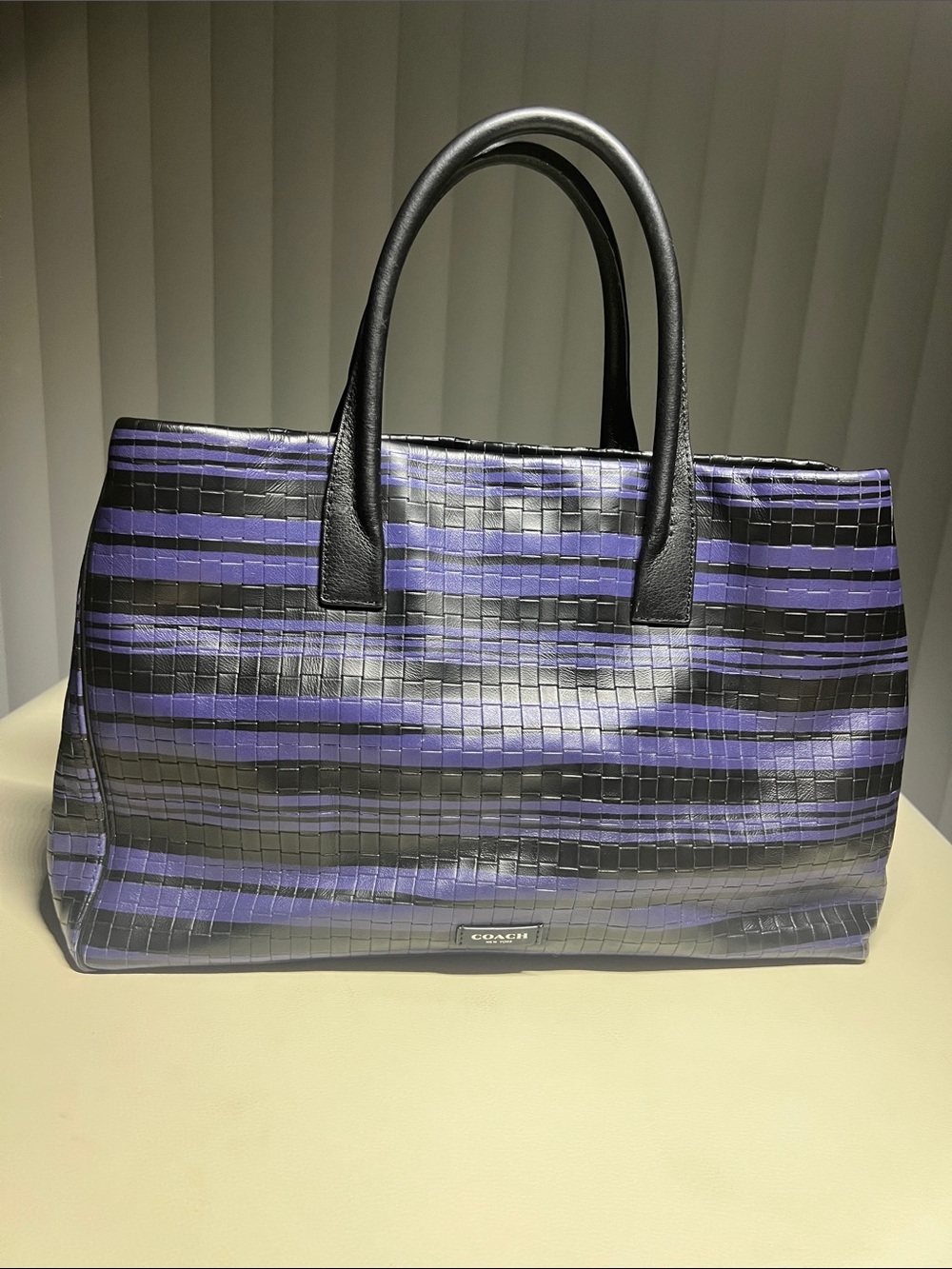Coach Black and Purple Striped Leather Tote